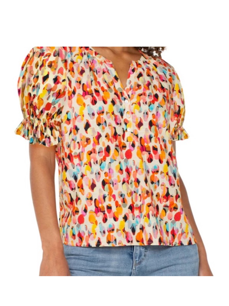 Liverpool Multi-Color Puff Sleeve V-Neck Top Size Xl